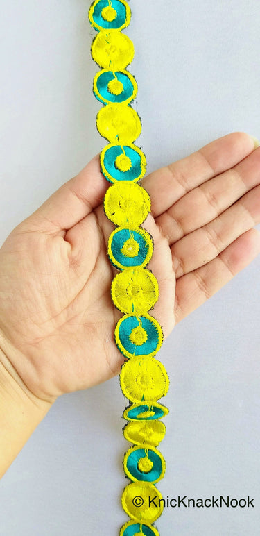 Yellow & Teal Embroidered Circles Cutwork Trim, Approx. 22mm Wide